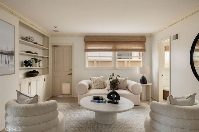 816 Via Lido Nord, Newport Beach, CA 92663 - living area featuring built in shelves, crown molding, and light tile patterned floors
