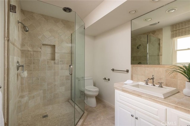 816 Via Lido Nord, Newport Beach, CA 92663 - full bath featuring vanity, a shower stall, tile patterned floors, recessed lighting, and tasteful backsplash