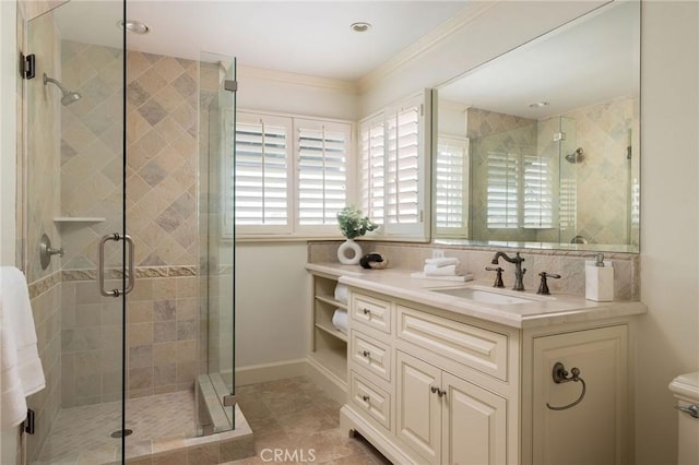 816 Via Lido Nord, Newport Beach, CA 92663 - bathroom featuring vanity, a shower stall, and tasteful backsplash