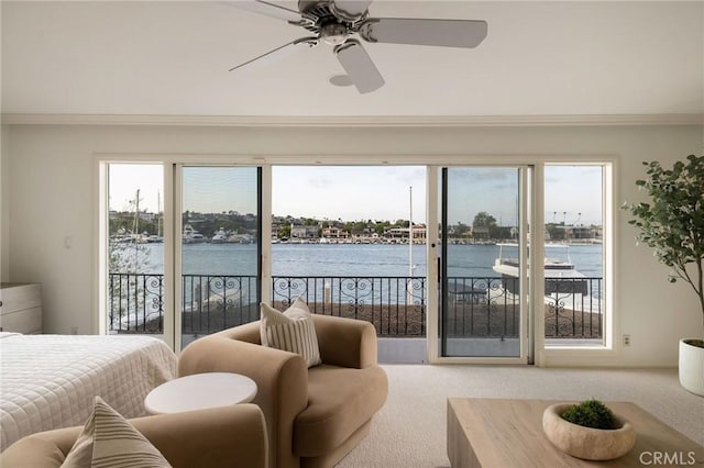 816 Via Lido Nord, Newport Beach, CA 92663 - carpeted bedroom with access to exterior, crown molding, a water view, and a ceiling fan