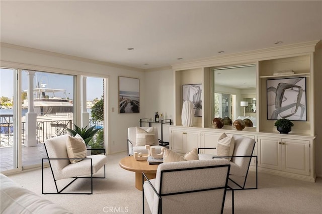 816 Via Lido Nord, Newport Beach, CA 92663 - living room featuring light colored carpet and ornamental molding