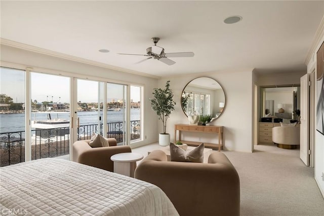 816 Via Lido Nord, Newport Beach, CA 92663 - bedroom featuring access to outside, carpet flooring, a water view, crown molding, and multiple windows