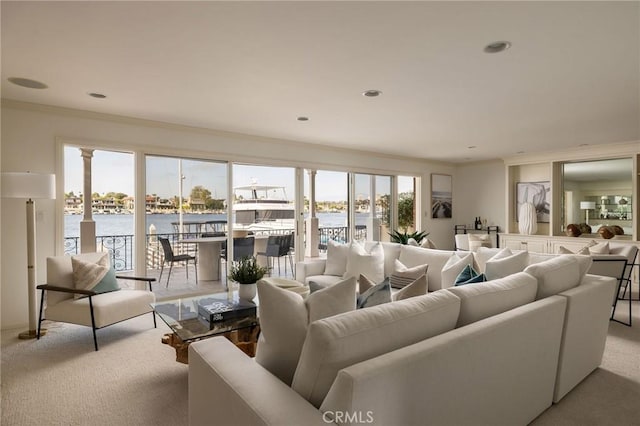 816 Via Lido Nord, Newport Beach, CA 92663 - carpeted living room featuring a water view and crown molding