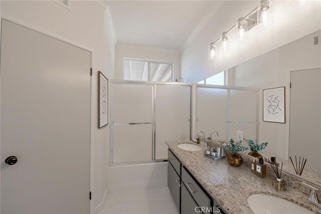 11490 Autumn St, Adelanto, CA 92301 - full bath featuring crown molding, double vanity, bath / shower combo with glass door, and marble finish floors