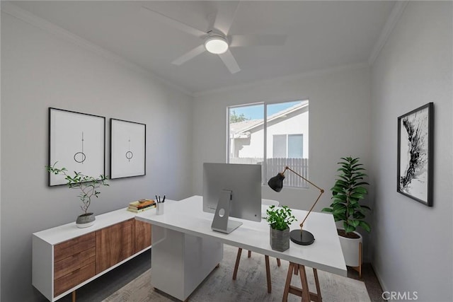 11490 Autumn St, Adelanto, CA 92301 - office featuring a ceiling fan, ornamental molding, and dark wood finished floors