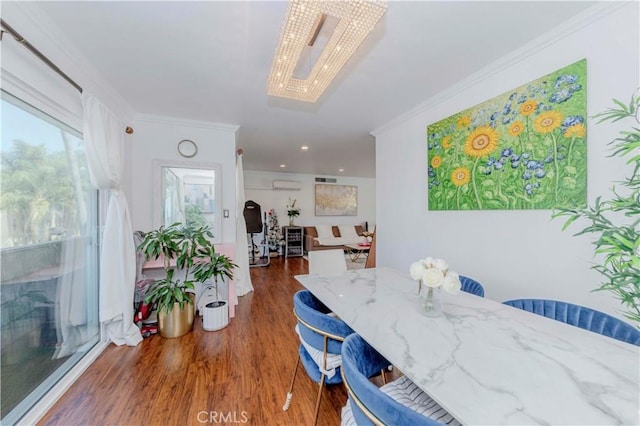358 S Gramercy Pl Unit 201, Los Angeles, CA 90020 - dining room featuring crown molding, wood finished floors, a chandelier, and a wall mounted AC