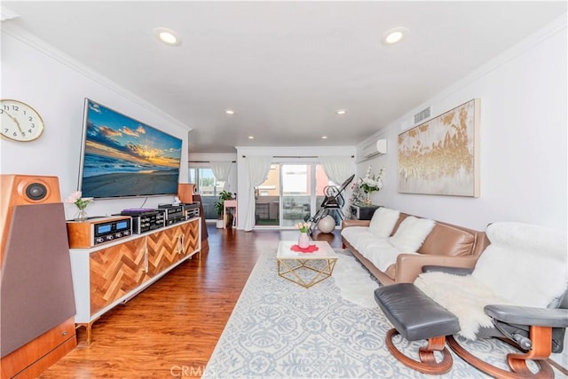 358 S Gramercy Pl Unit 201, Los Angeles, CA 90020 - living room with ornamental molding, wood finished floors, recessed lighting, and a wall unit AC