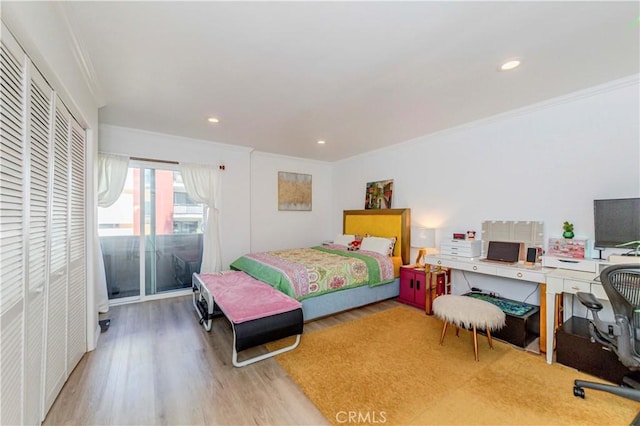 358 S Gramercy Pl Unit 201, Los Angeles, CA 90020 - bedroom featuring crown molding, wood finished floors, recessed lighting, an office area, and access to outside