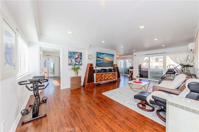 358 S Gramercy Pl Unit 201, Los Angeles, CA 90020 - living area featuring wood finished floors, recessed lighting, and ornamental molding