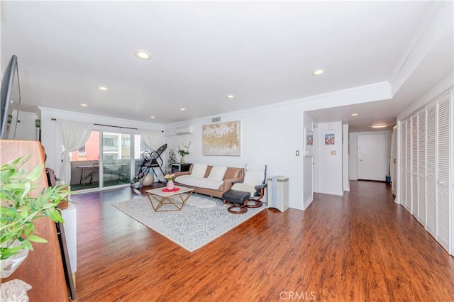 358 S Gramercy Pl Unit 201, Los Angeles, CA 90020 - living room featuring ornamental molding, wood finished floors, recessed lighting, and a wall mounted AC