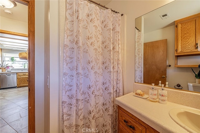 14320 Kiptree Dr, Lake Hughes, CA 93532 - full bath with vanity, tile patterned floors, and curtained shower