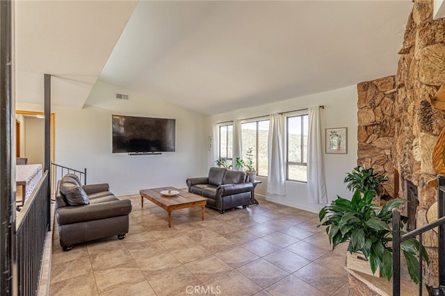 14320 Kiptree Dr, Lake Hughes, CA 93532 - living room featuring vaulted ceiling and a fireplace