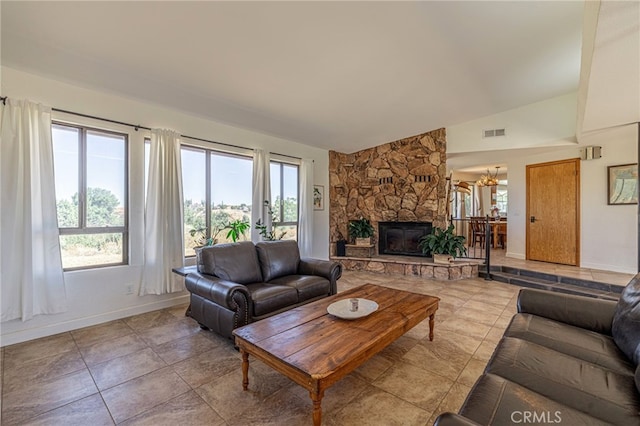 14320 Kiptree Dr, Lake Hughes, CA 93532 - living area featuring a fireplace, a chandelier, and lofted ceiling