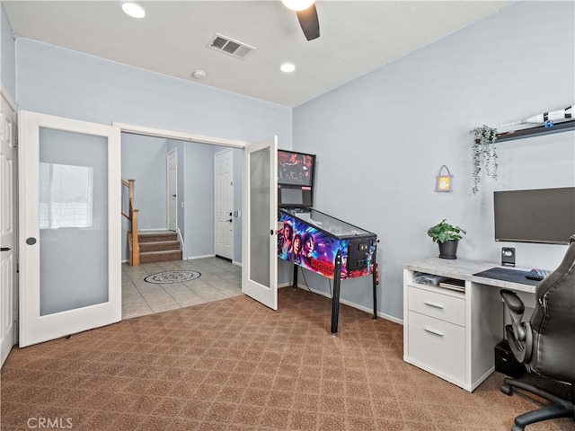 28323 Roman Ct, Saugus, CA 91350 - home office with ceiling fan, light tile patterned floors, and recessed lighting