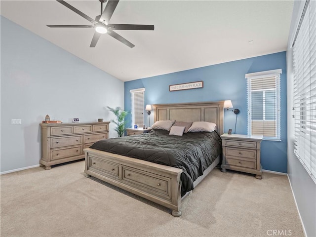 28323 Roman Ct, Saugus, CA 91350 - bedroom featuring light colored carpet, vaulted ceiling, and ceiling fan