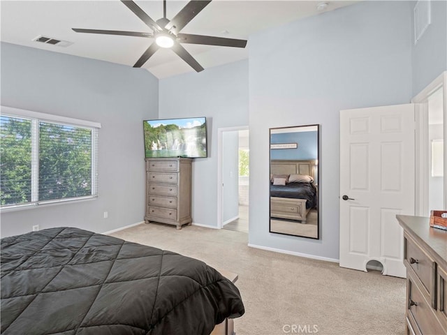 28323 Roman Ct, Saugus, CA 91350 - bedroom featuring light carpet, high vaulted ceiling, and a ceiling fan