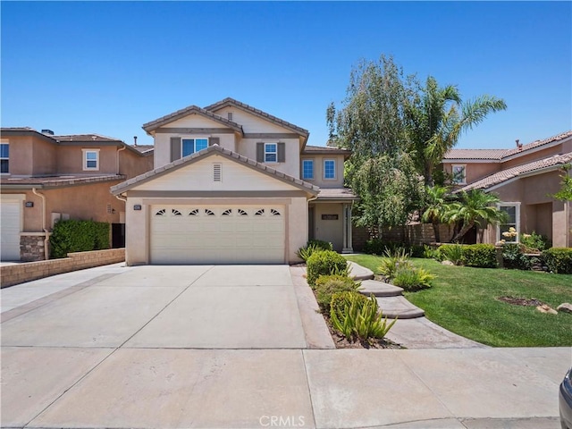 28323 Roman Ct, Saugus, CA 91350 - view of front of house featuring concrete driveway, a garage, a front yard, stucco siding, and a tile roof