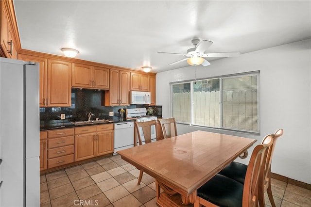429 E Providencia Ave Unit B, Burbank, CA 91501 - kitchen featuring white appliances, light tile patterned flooring, dark countertops, ceiling fan, and decorative backsplash