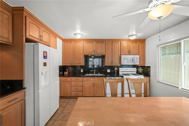 429 E Providencia Ave Unit B, Burbank, CA 91501 - kitchen with white appliances, tasteful backsplash, dark countertops, a ceiling fan, and tile patterned floors
