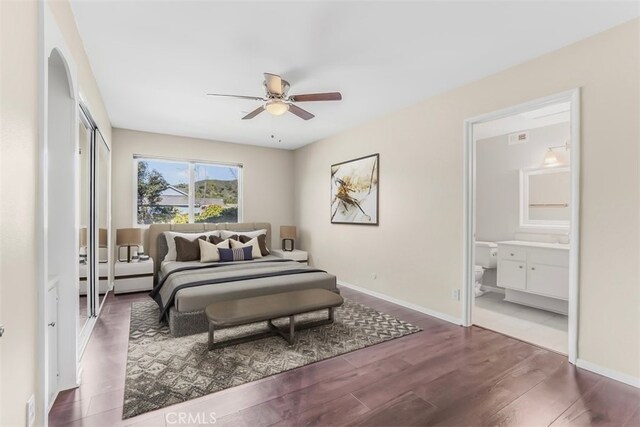 6304 Tamarind St, Oak Park, CA 91377 - bedroom with wood finished floors, connected bathroom, a ceiling fan, and a closet