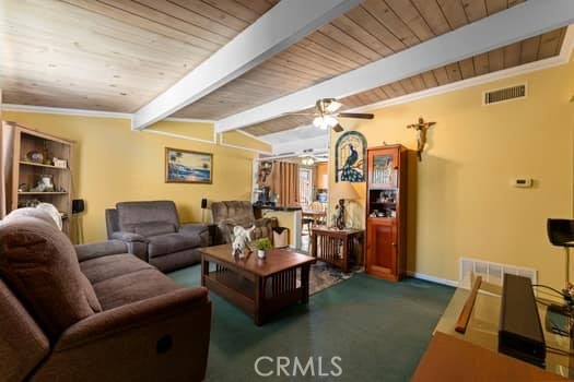 17059 E Groverdale St, Covina, CA 91722 - carpeted living area featuring wooden ceiling and ceiling fan