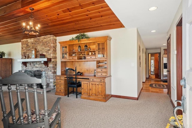 1480 Round Potrero Rd, Potrero, CA 91963 - office featuring light colored carpet, recessed lighting, a large fireplace, and a chandelier