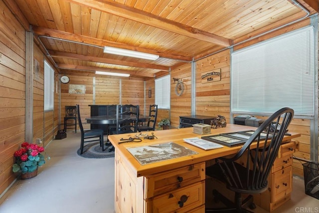 1480 Round Potrero Rd, Potrero, CA 91963 - office area with wood walls, a wood ceiling with exposed beams, and concrete flooring