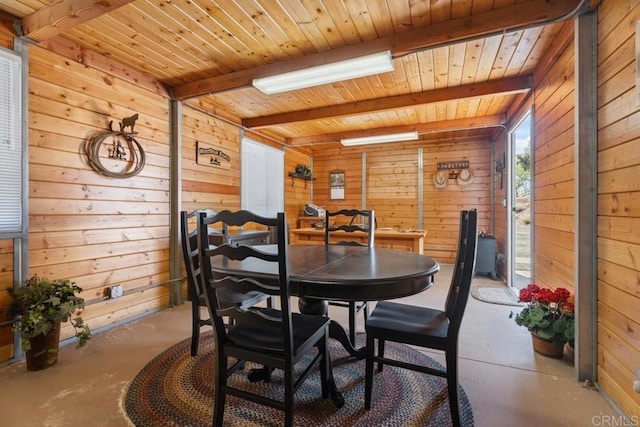 1480 Round Potrero Rd, Potrero, CA 91963 - dining room with concrete flooring, wooden walls, and a wood ceiling with exposed beams