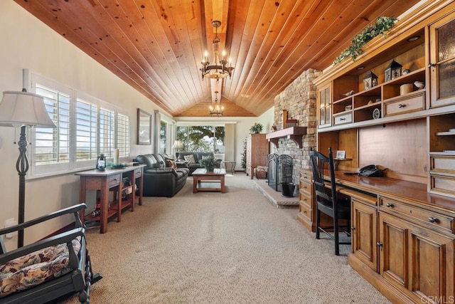 1480 Round Potrero Rd, Potrero, CA 91963 - living area featuring light colored carpet, a chandelier, lofted ceiling, wood ceiling, and a stone fireplace