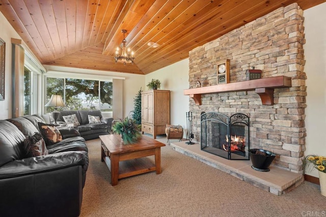 1480 Round Potrero Rd, Potrero, CA 91963 - living room with vaulted ceiling, wooden ceiling, a fireplace, carpet, and a chandelier