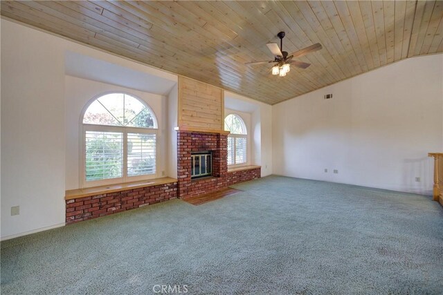 355 Via Vicente, Nipomo, CA 93444 - unfurnished living room featuring carpet floors, wood ceiling, a ceiling fan, lofted ceiling, and a brick fireplace