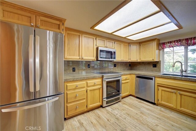 355 Via Vicente, Nipomo, CA 93444 - kitchen with appliances with stainless steel finishes, light wood finished floors, decorative backsplash, and tile counters