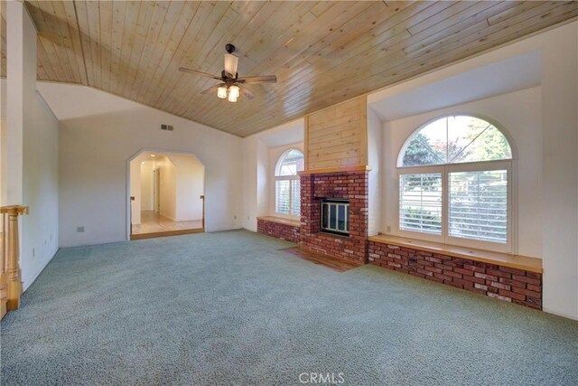 355 Via Vicente, Nipomo, CA 93444 - unfurnished living room with wooden ceiling, carpet, ceiling fan, a brick fireplace, and lofted ceiling