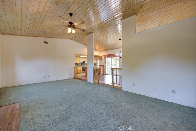 355 Via Vicente, Nipomo, CA 93444 - unfurnished living room with a ceiling fan, carpet floors, lofted ceiling, wooden ceiling, and a chandelier