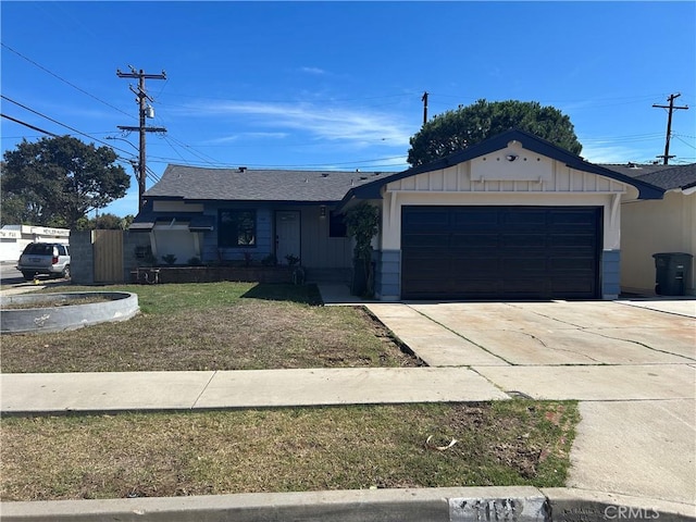 1102 Maxfield St, Torrance, CA 90502 - ranch-style home featuring a garage, concrete driveway, board and batten siding, a front yard, and a shingled roof