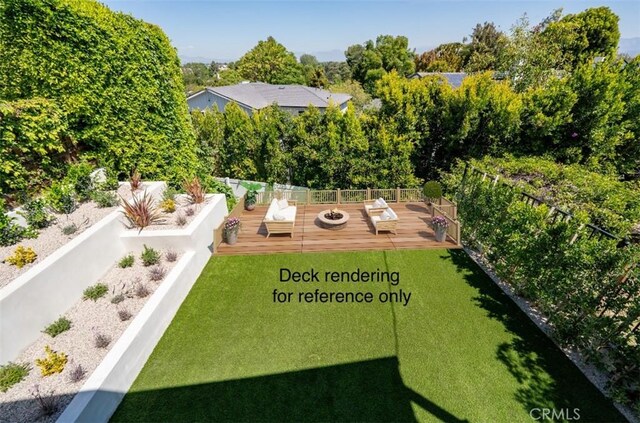 13817 Valley Vista Blvd, Sherman Oaks, CA 91423 - view of yard with a wooden deck and an outdoor fire pit