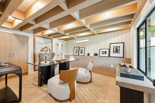 13817 Valley Vista Blvd, Sherman Oaks, CA 91423 - rec room featuring coffered ceiling, beamed ceiling, wood walls, and light wood-style flooring