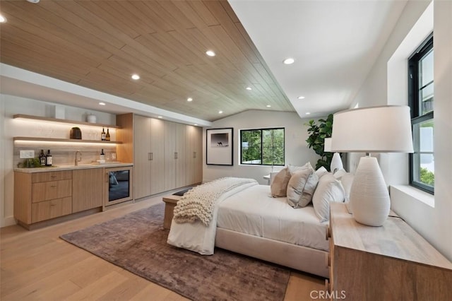 13817 Valley Vista Blvd, Sherman Oaks, CA 91423 - bedroom featuring wet bar, light wood-type flooring, vaulted ceiling, wooden ceiling, and recessed lighting
