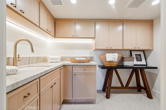 13817 Valley Vista Blvd, Sherman Oaks, CA 91423 - kitchen with light brown cabinetry, recessed lighting, and light stone countertops