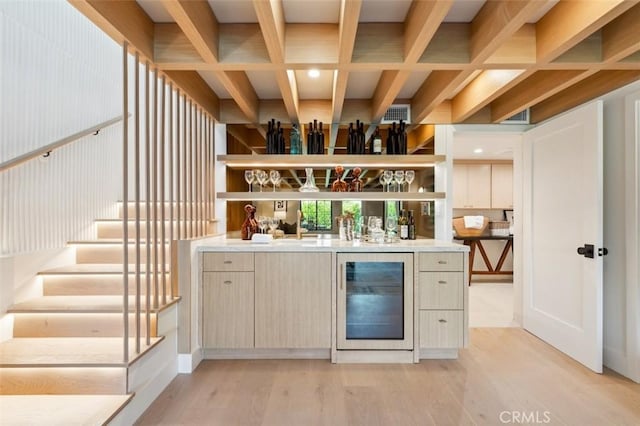 13817 Valley Vista Blvd, Sherman Oaks, CA 91423 - indoor wet bar featuring beverage cooler, light wood finished floors, recessed lighting, stairway, and beamed ceiling