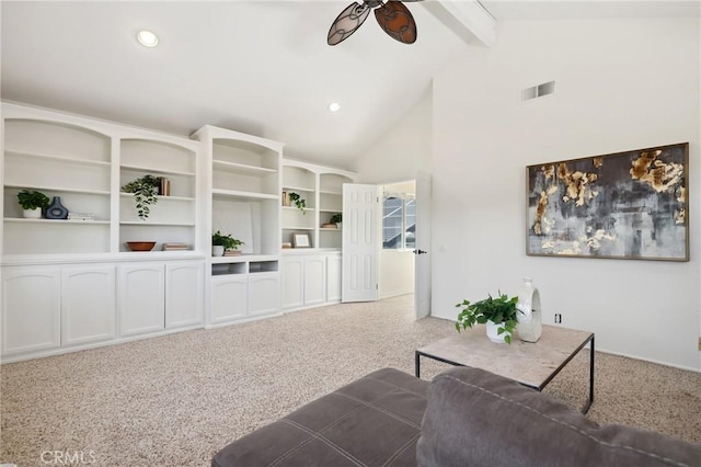 24622 Cresta Ct, Laguna Hills, CA 92653 - living area with a ceiling fan, beam ceiling, carpet floors, high vaulted ceiling, and recessed lighting