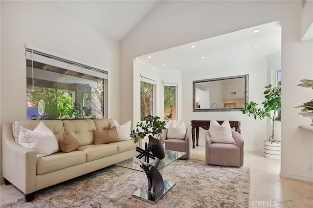 24622 Cresta Ct, Laguna Hills, CA 92653 - living room with recessed lighting, vaulted ceiling, and ornamental molding