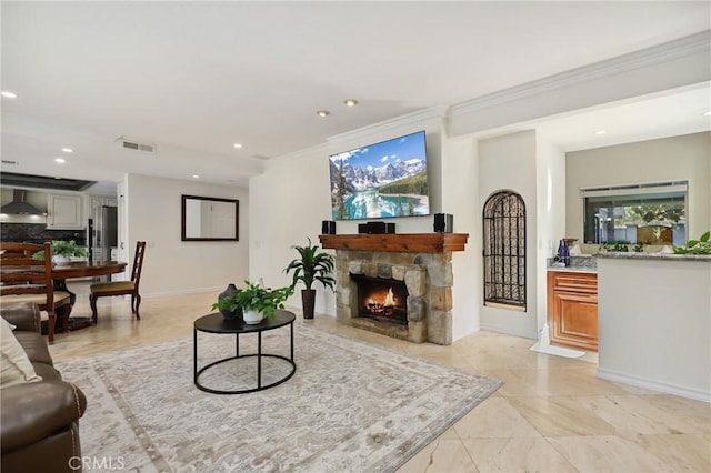 24622 Cresta Ct, Laguna Hills, CA 92653 - living room with a stone fireplace, ornamental molding, recessed lighting, and light tile patterned flooring