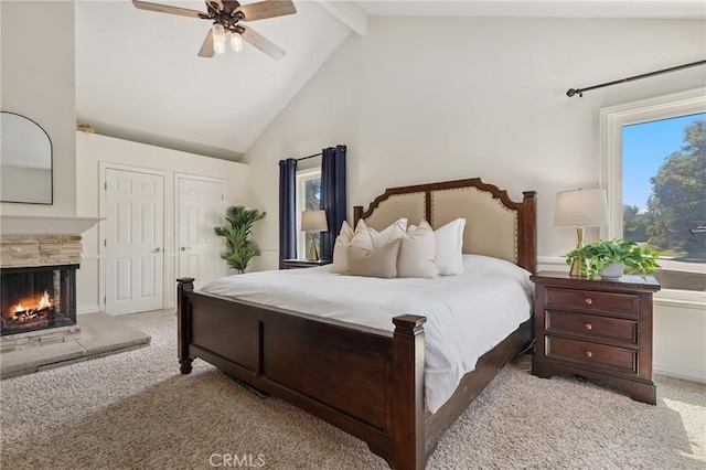 24622 Cresta Ct, Laguna Hills, CA 92653 - carpeted bedroom featuring beamed ceiling, a multi sided fireplace, a ceiling fan, and high vaulted ceiling