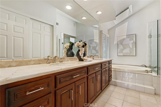 24622 Cresta Ct, Laguna Hills, CA 92653 - bathroom with double vanity, a shower stall, a bath, tile patterned flooring, and recessed lighting