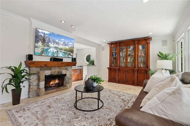 24622 Cresta Ct, Laguna Hills, CA 92653 - living area with crown molding, recessed lighting, and a stone fireplace