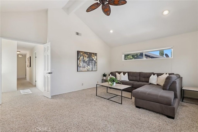24622 Cresta Ct, Laguna Hills, CA 92653 - living area with ceiling fan, beam ceiling, high vaulted ceiling, carpet, and recessed lighting