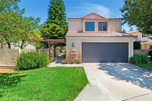 10254 Catalina Pl, Rancho Cucamonga, CA 91730 - mediterranean / spanish-style house with stucco siding, concrete driveway, a tiled roof, an attached garage, and a pergola