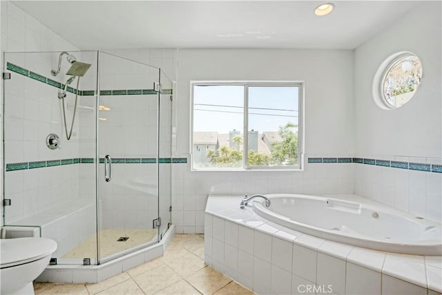 17787 Merridy St, Northridge, CA 91325 - bathroom featuring a garden tub, a shower stall, tile patterned floors, and recessed lighting