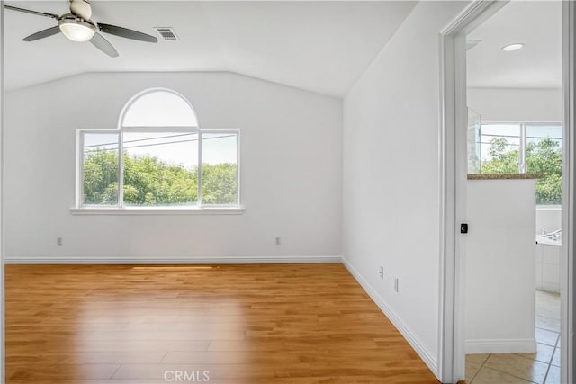 17787 Merridy St, Northridge, CA 91325 - empty room with light wood-style flooring, a ceiling fan, lofted ceiling, and recessed lighting